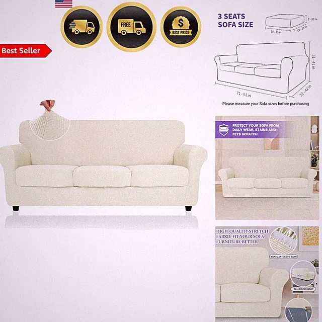 Striped Sofa Covers 4 Piece Stretch Couch Protector for 3 Cushion Sofa Beige