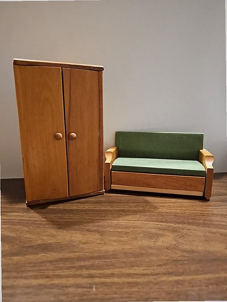 Strombecker Doll House Wooden Sofa Bed Couch MCM Wardrobe Vintage Doll Furniture