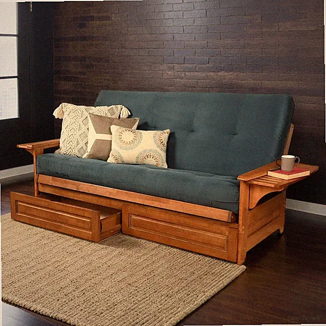 Studio8 Futon Wood Frame w/ Innerspring Navy Mattress Set Folding Side Arms