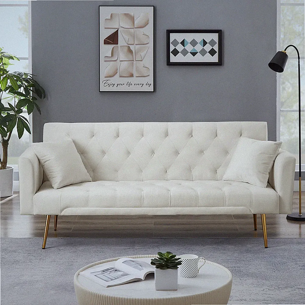 Sturdy Velvet Futon Sofa Bed Convertible & Multi-Position White Adjustable