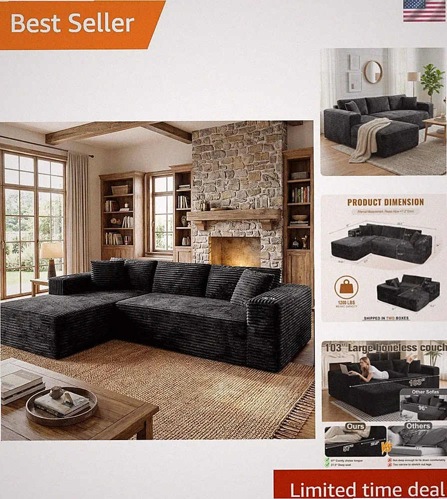 Stylish 103" Black Sectional Sofa with Instant Comfort & No Assembly Required