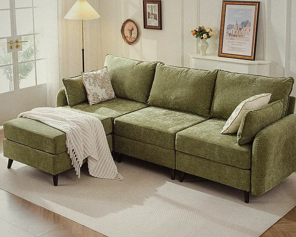 Stylish 104'' L-Shaped Green Velvet Sofa with Storage & Movable Ottoman