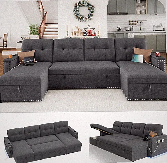 Stylish 106" U-Shaped Sleeper Sofa with Storage & USB - Grey