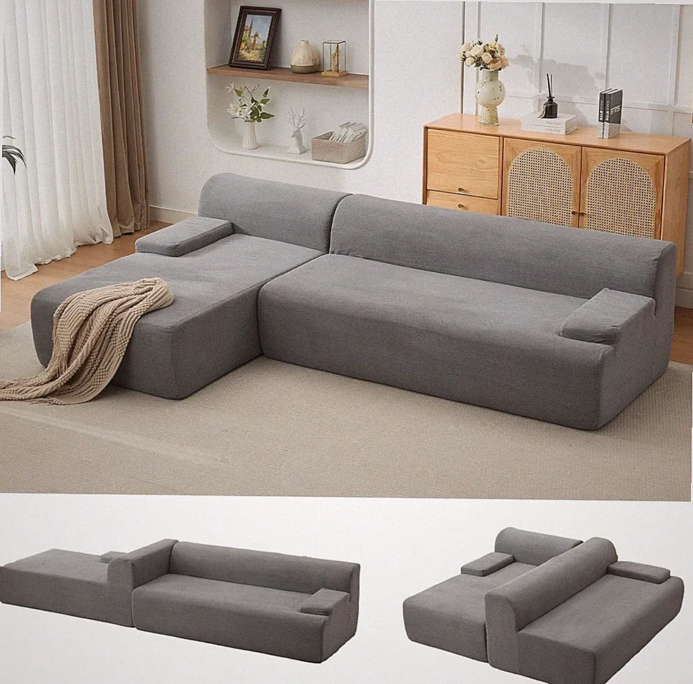 Stylish 108'' Gray Corduroy L-Shaped Sectional Sofa with Left Chaise