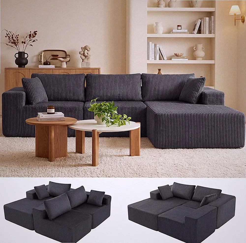 Stylish 108" Grey Cloud Sectional Sofa with L-Shape Chaise, No Assembly Needed