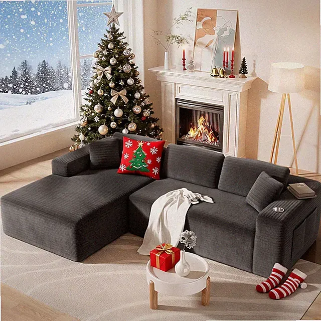 Stylish 108” Grey L-Shaped Modular Cloud Sofa with Storage Pockets