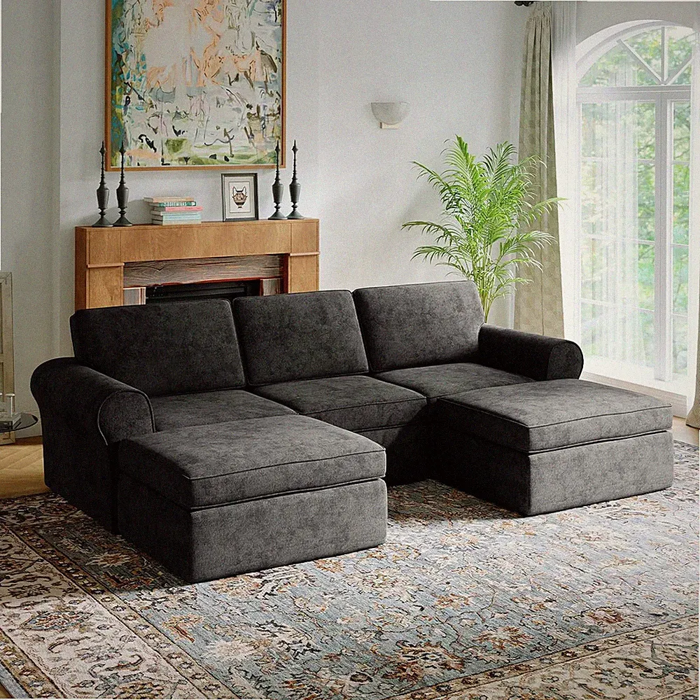 Stylish 108" Modular Sectional Sofa with Removable Covers & Ottomans - Dark Grey