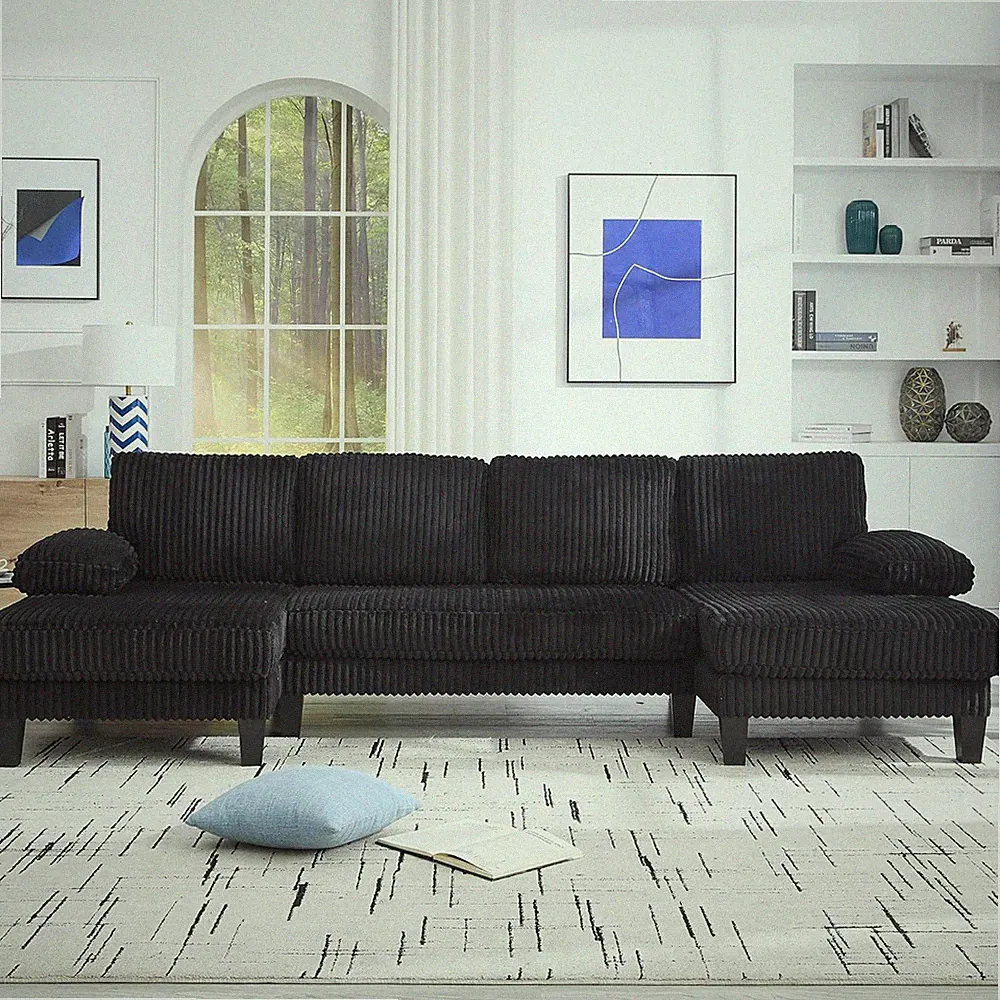 Stylish 114" Black Velvet U-Shaped Sectional Sofa with 2 Chaise Lounges