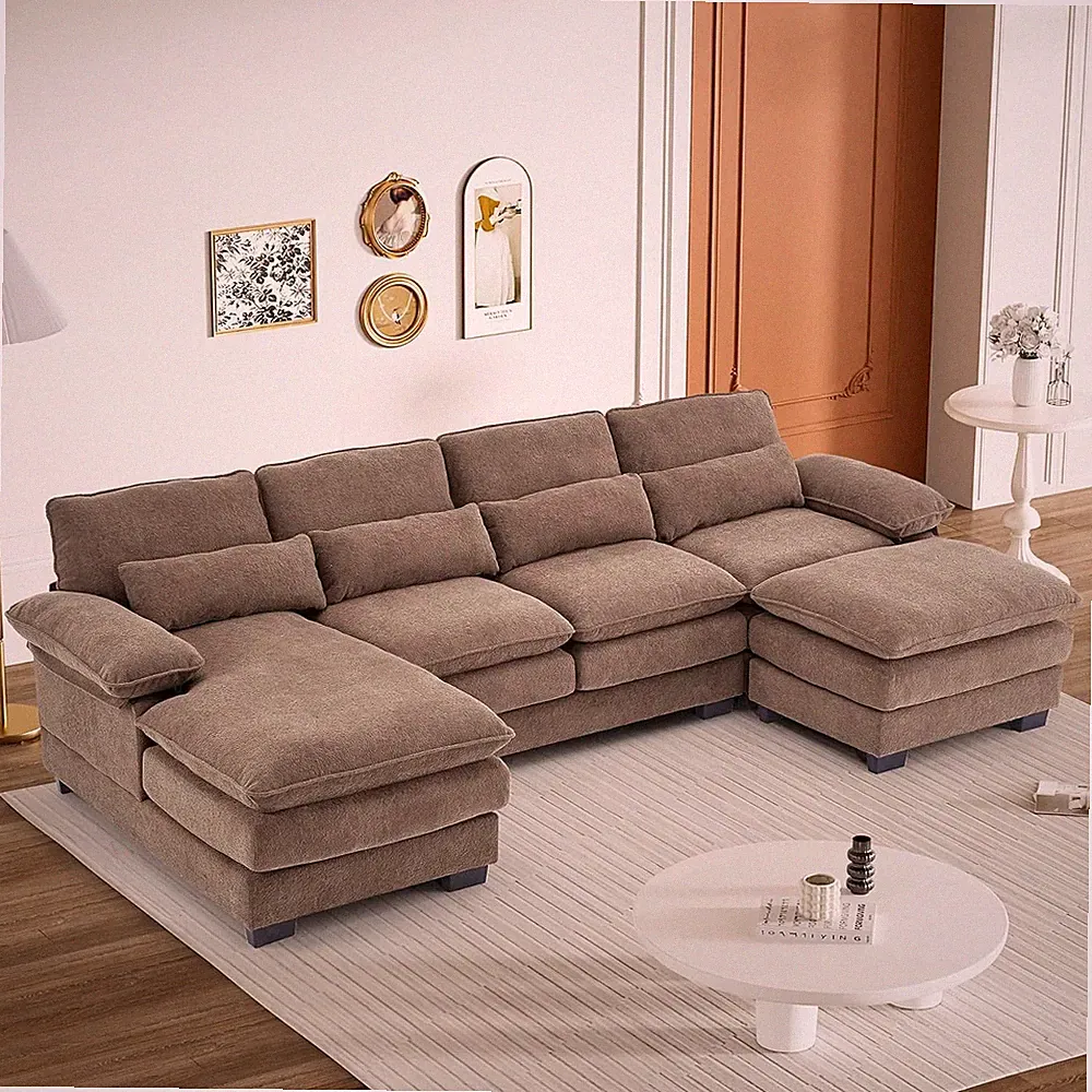 Stylish 114" U-Shaped Cloud Couch Sectional Sofa with Chaise & Ottoman, Brown