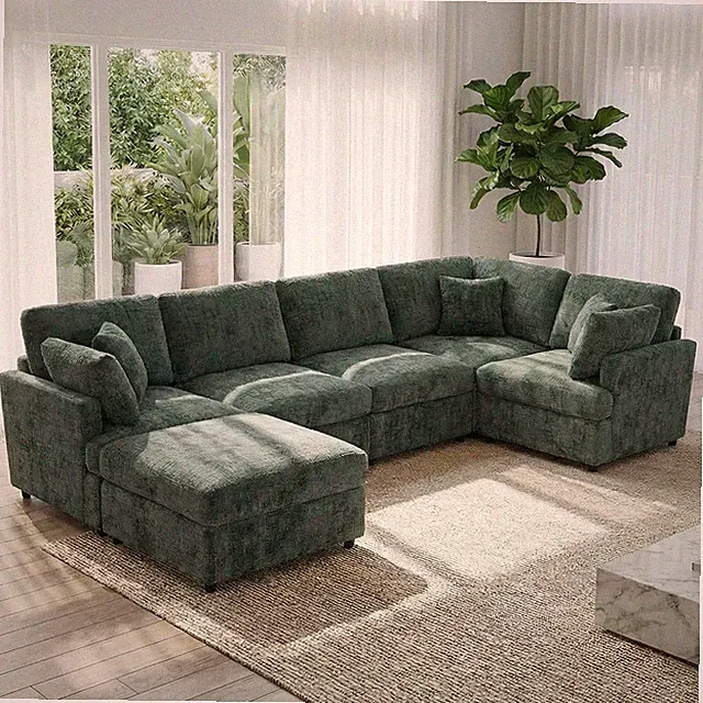 Stylish 122" U-Shaped Chenille Sectional Sofa with Ottoman & 4 Pillows