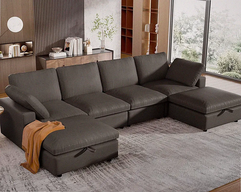 Stylish 130" U-Shaped Grey Cloud Couch with Storage Ottomans for Pets
