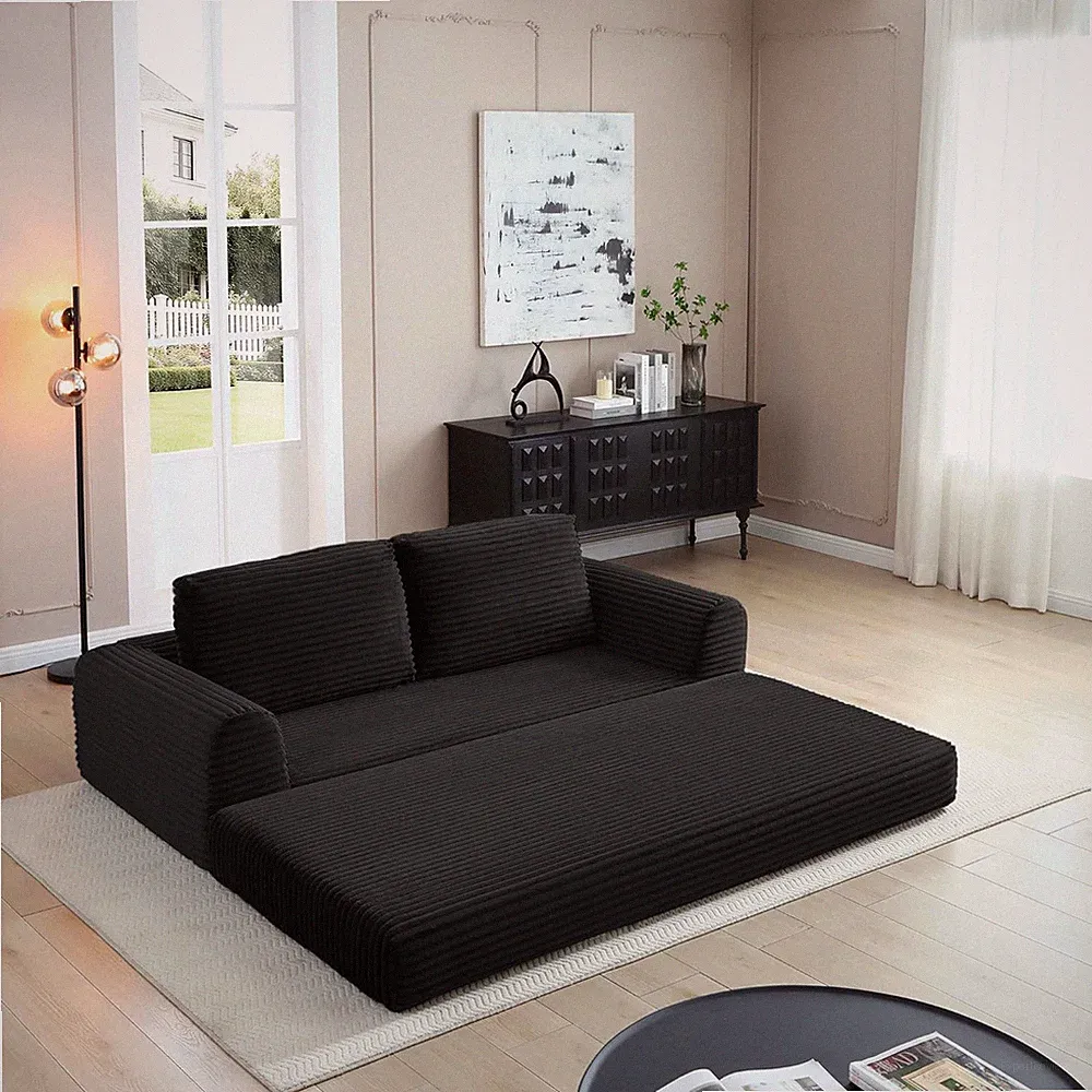 Stylish 2-in-1 Black Corduroy Folding Sofa Bed with Cushions