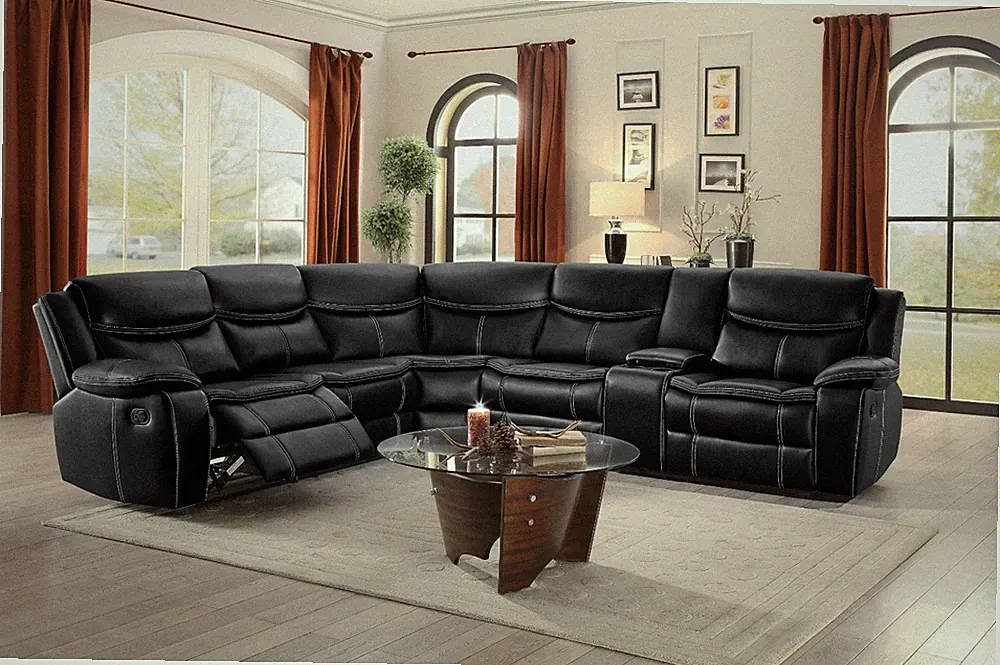STYLISH 3 PC BLACK FAUX LEATHER RECLINING SECTIONAL CONSOLE LIVINGROOM FURNITURE