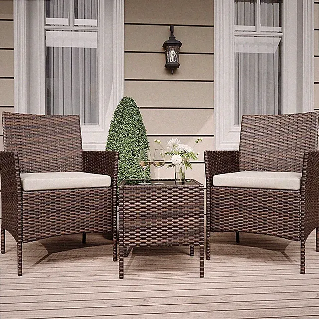 Stylish 3-Piece All-Weather Patio Furniture Set with Glass Table - Brown & Beige