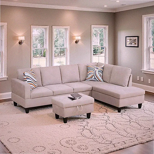 Stylish 3-Piece L-Shaped Sectional Couch with Storage Ottoman, Off-White