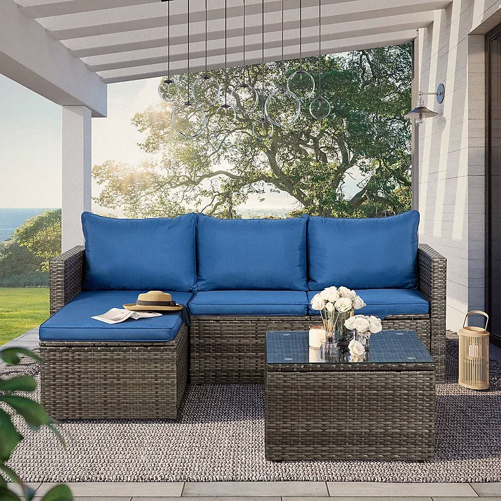 Stylish 3-Piece Patio Sectional Sofa Set with Cushions & Glass Table, Blue
