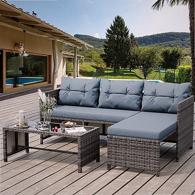 Stylish 3-Piece Wicker Patio Furniture Set with Cushions & Glass Table, Blue-Gra