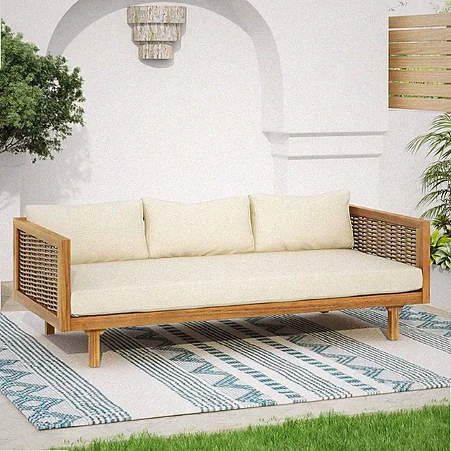 Stylish 3-Seater Outdoor Sofa Bed with Rattan Arms & Waterproof Cushions