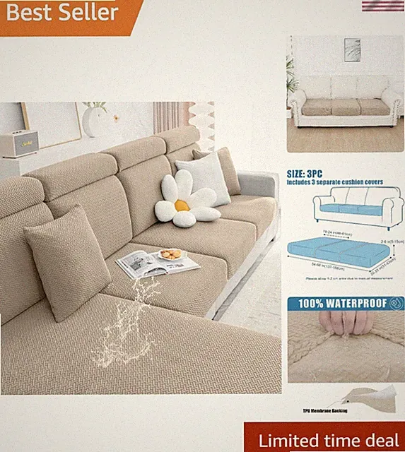 Stylish 3PC Waterproof Couch Cushion Covers - Elastic Slipcovers for Home, Camel