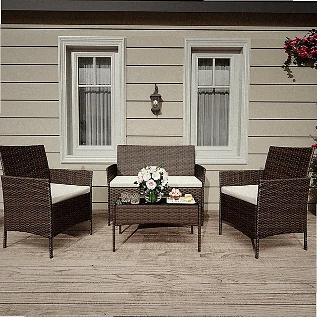 Stylish 4-Piece All-Weather Patio Furniture Set with Glass Table - Brown & Beige