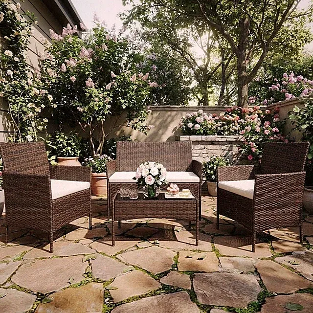 Stylish 4-Piece Outdoor Wicker Sofa Set with Glass Table & Cushions - Brown/Beig