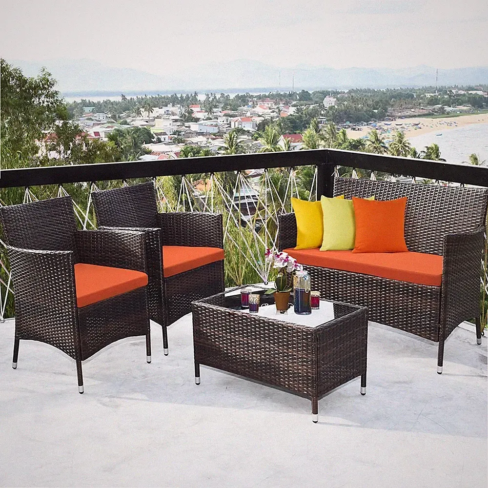 Stylish 4-Piece Rattan Patio Furniture Set with Cushions & Glass Table - Orange