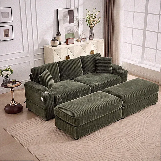 Stylish 4-Seat Green Sofa Bed with Chaise, Storage, Cupholders & USB Ports
