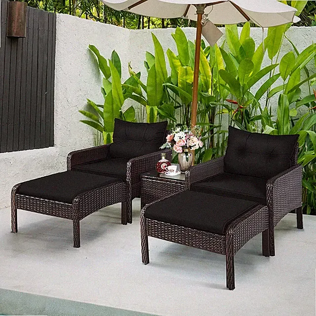 Stylish 5-Piece Black Rattan Outdoor Sofa Set with Cushions & Coffee Table