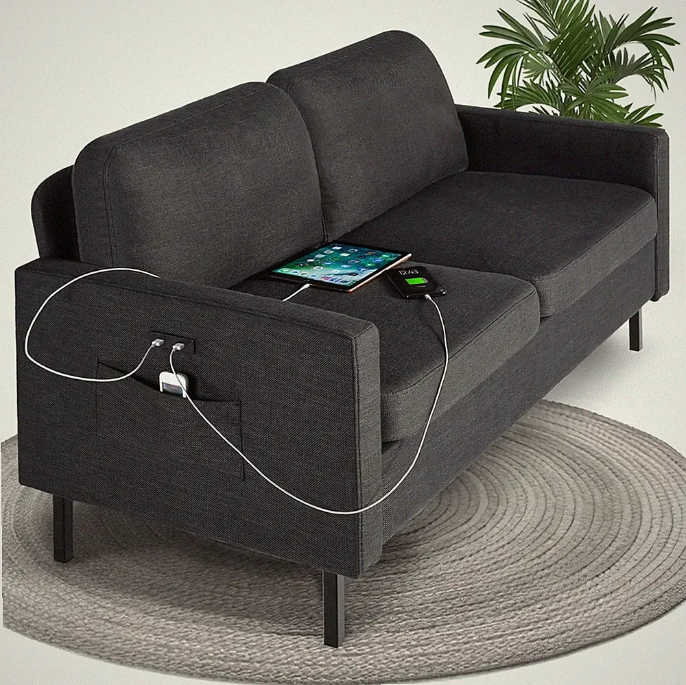 Stylish 56" Dark Grey Loveseat Sofa with USB & Comfy Cushions, Easy Setup