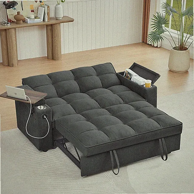 Stylish 65'' 3-in-1 Grey Chenille Folding Sofa Bed with Swivel Table
