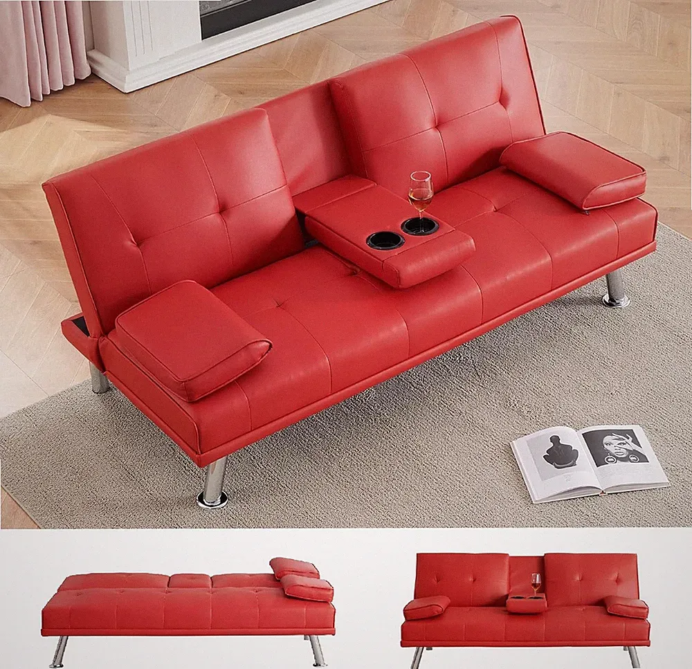 Stylish 67" Red Leather Futon Sofa Bed with Cup Holder & Adjustable Backrest