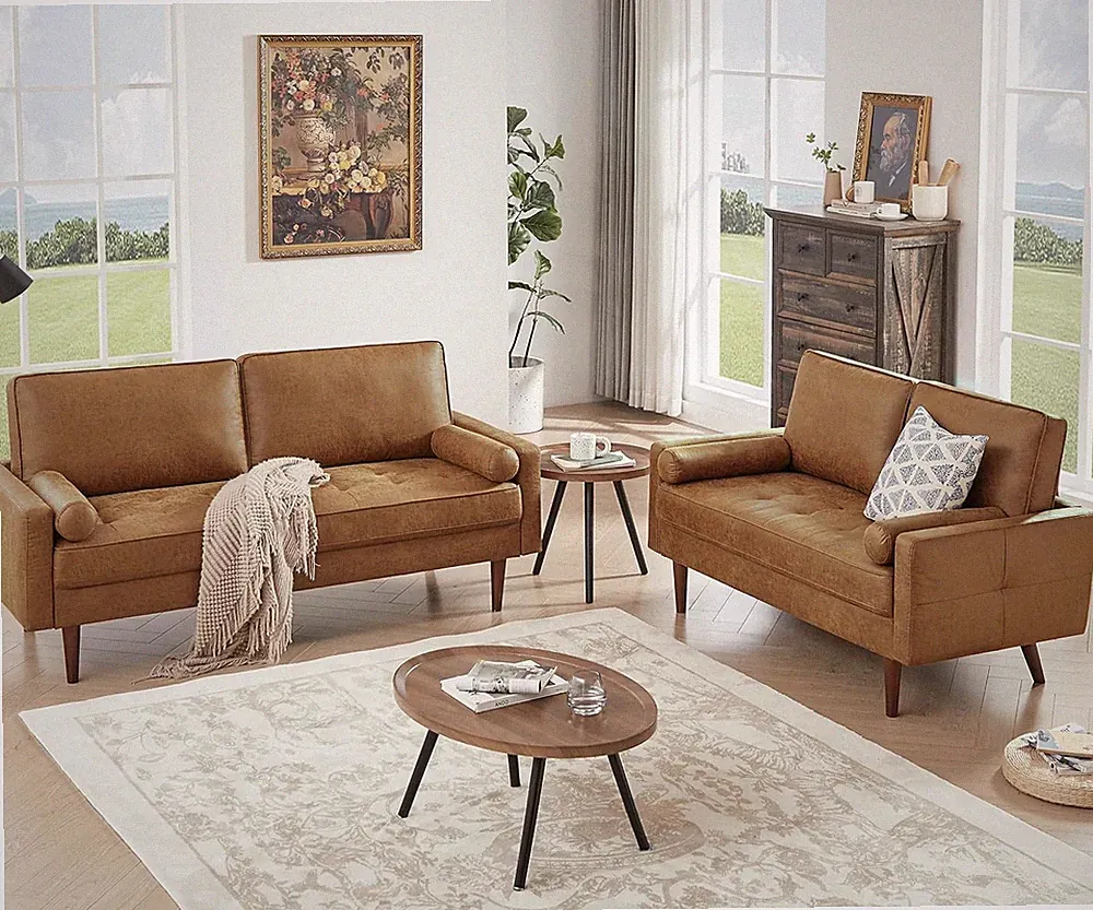 Stylish 68'' Brown Faux Leather Mid Century Modern Sectional Couch with Pillows