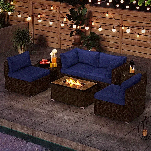 Stylish 7-Piece Wicker Patio Set with Fire Pit Table & Cushions Included