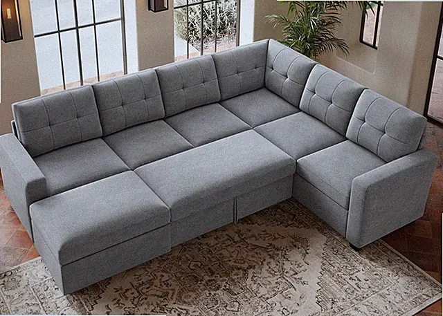 Stylish 7-Seater U-Shaped Sleeper Sofa with Storage Ottoman, Grey