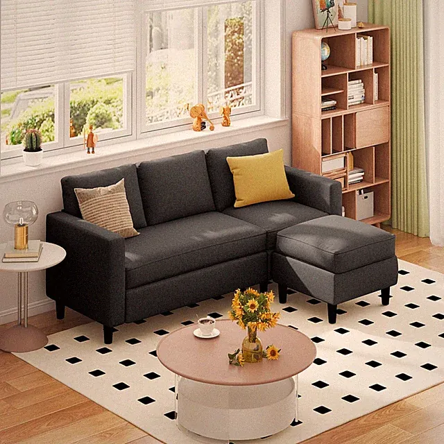 Stylish 73.6" Black Modular Sectional Sofa with Movable Ottoman - L Shape