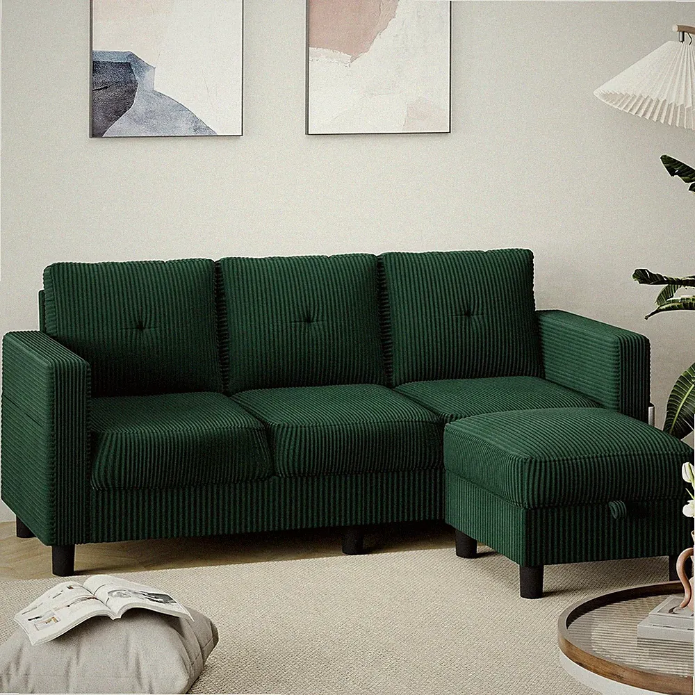 Stylish 76" Green Linen Sectional Sofa with Storage Ottoman & Reversible Chaise