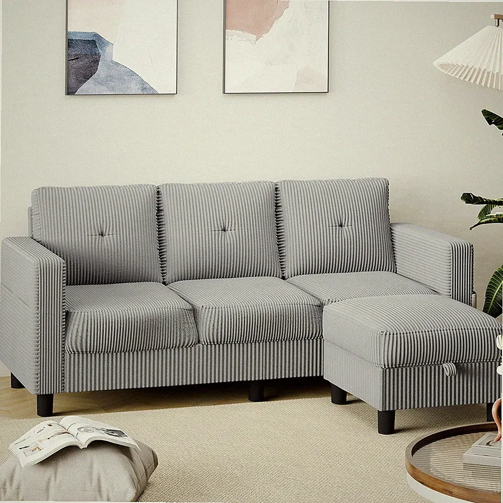 Stylish 76" L-Shaped Sectional Sofa with Storage Ottoman in Light Grey Linen