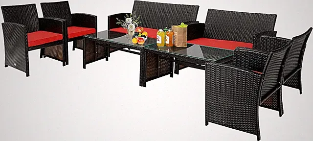 Stylish 8-Piece Red Rattan Outdoor Sectional Sofa Set with Cushions & Table