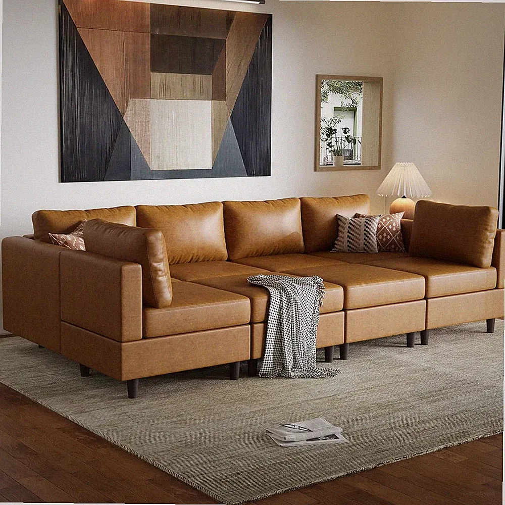 Stylish 8-Seater U-Shaped Faux Leather Sectional Sofa with Storage - Brown