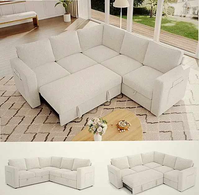 Stylish 83.5" L-Shaped Sleeper Sofa with Storage in Light Beige