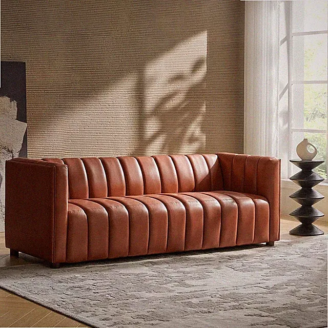Stylish 83" Brown Leather Channel Tufted 3-Seater Sofa for Living Room