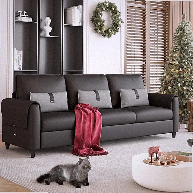 Stylish 88” Black Faux Leather Sofa - Perfect for Small Spaces, 3-Seater