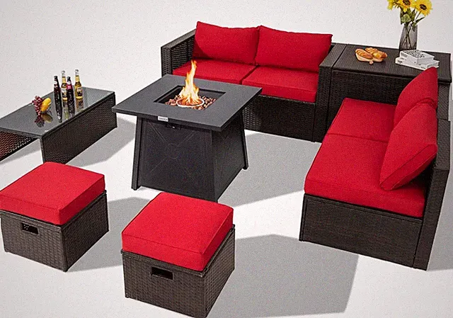 Stylish 9-Piece Red Wicker Sofa Set with 30" Fire Pit Table & Covers