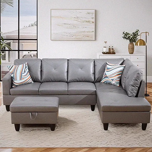Stylish 97" Grey L-Shaped Couch with Right Chaise & Storage Ottoman