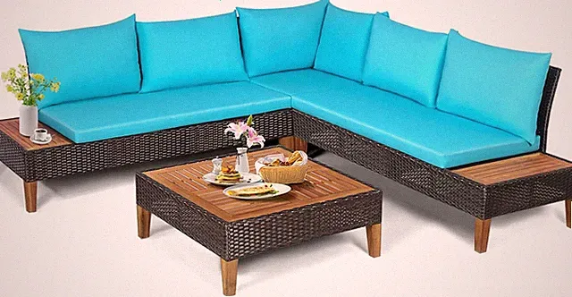 Stylish Acacia Wood Patio Set with Rattan Sofa & Coffee Table for Outdoors