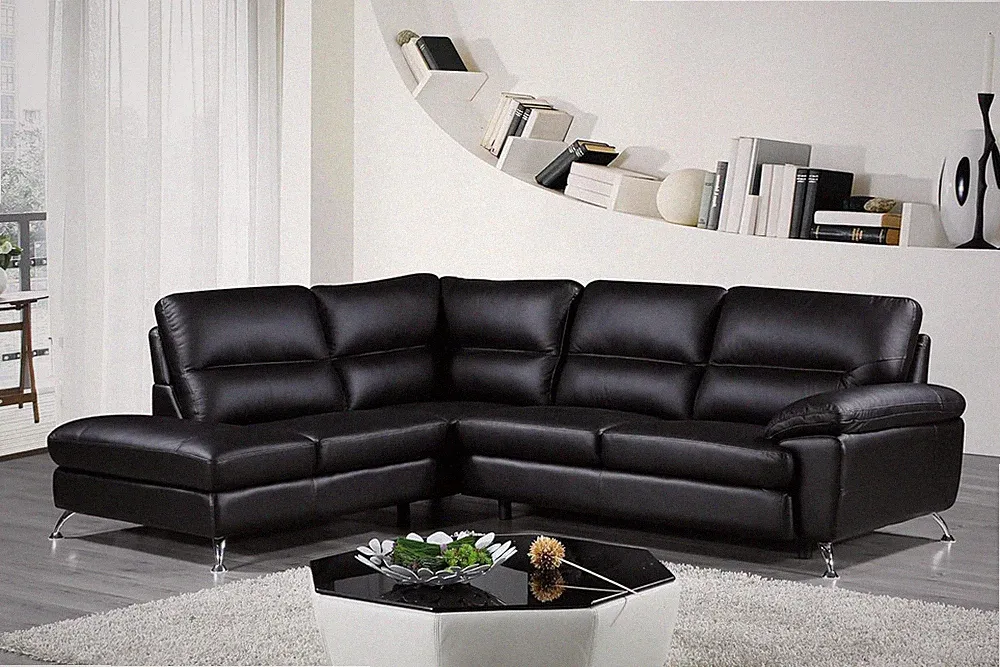 Stylish Black Boston Leather Sectional Sofa with Left Chaise Lounge