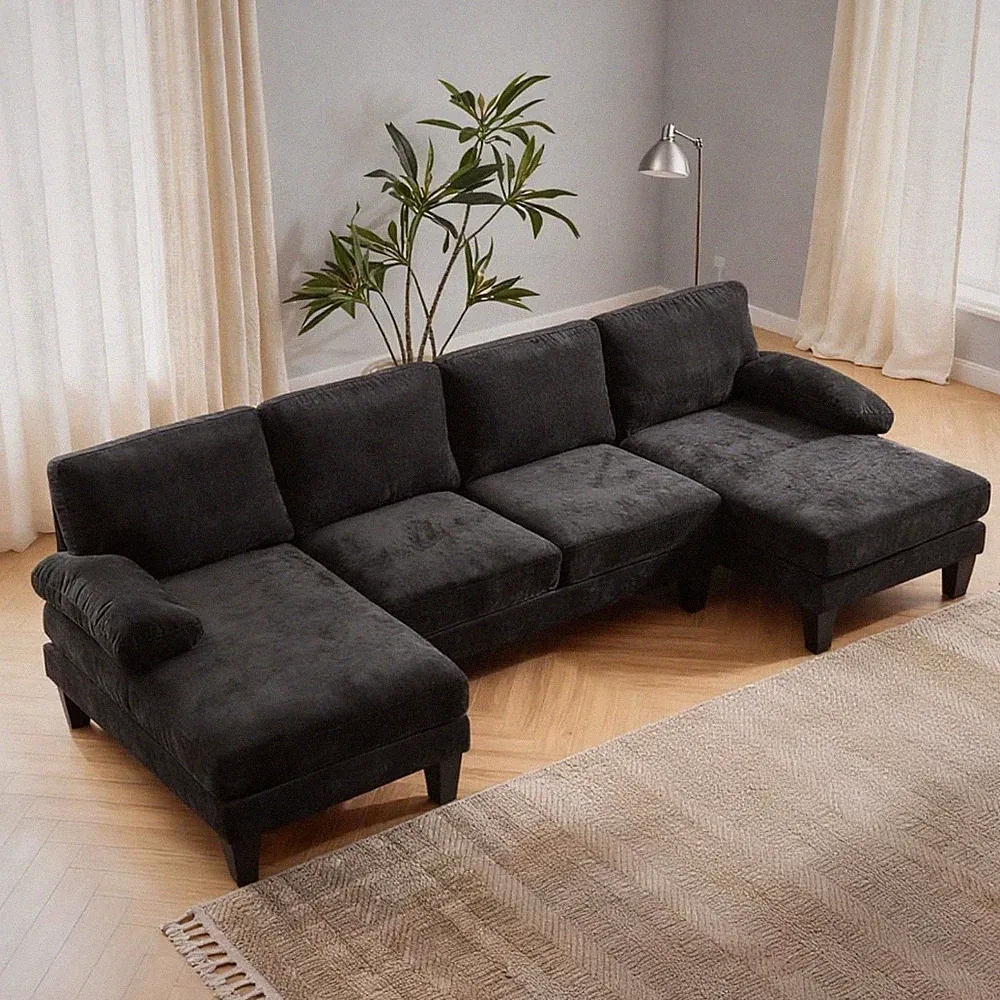 Stylish Black Chenille U-Shape Sectional Sofa - 4-Seat Convertible Couch
