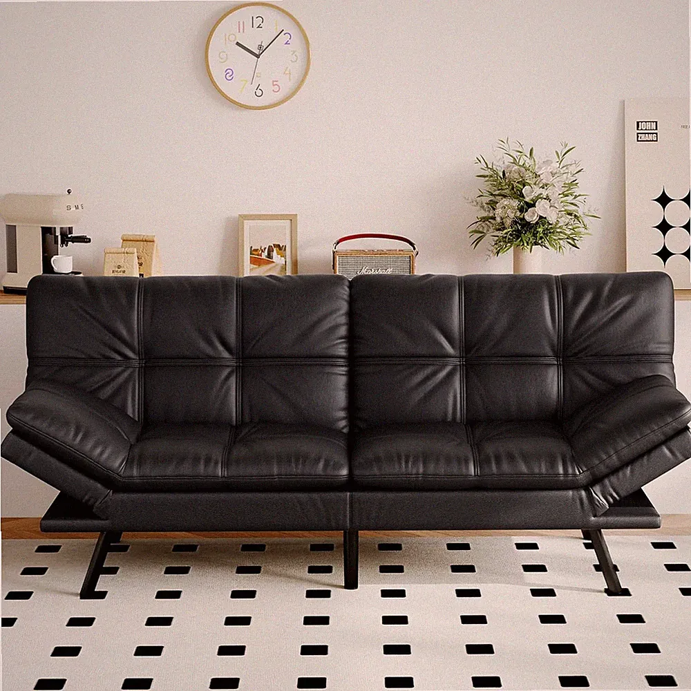 Stylish Black Faux Leather Futon Sofa Bed with Memory Foam & Adjustable Arms