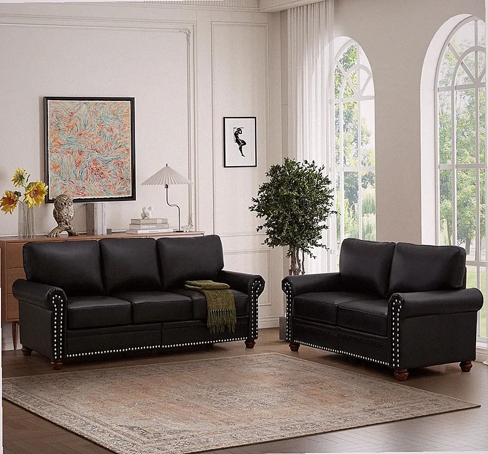 Stylish Black Faux Leather Sectional Sofa with Storage & Silver Nail Accents