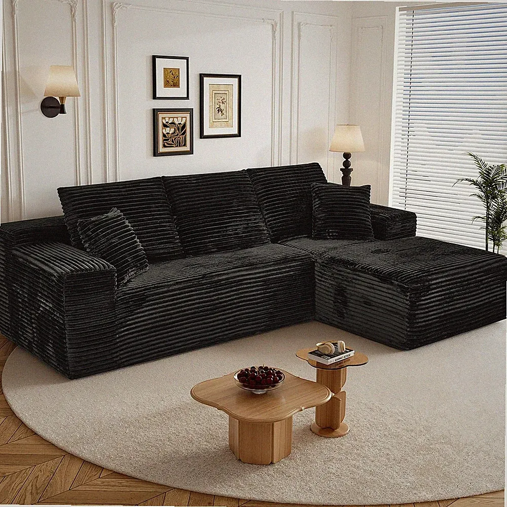 Stylish Black L-Shaped Corduroy Sectional Sofa with Chaise for Small Spaces